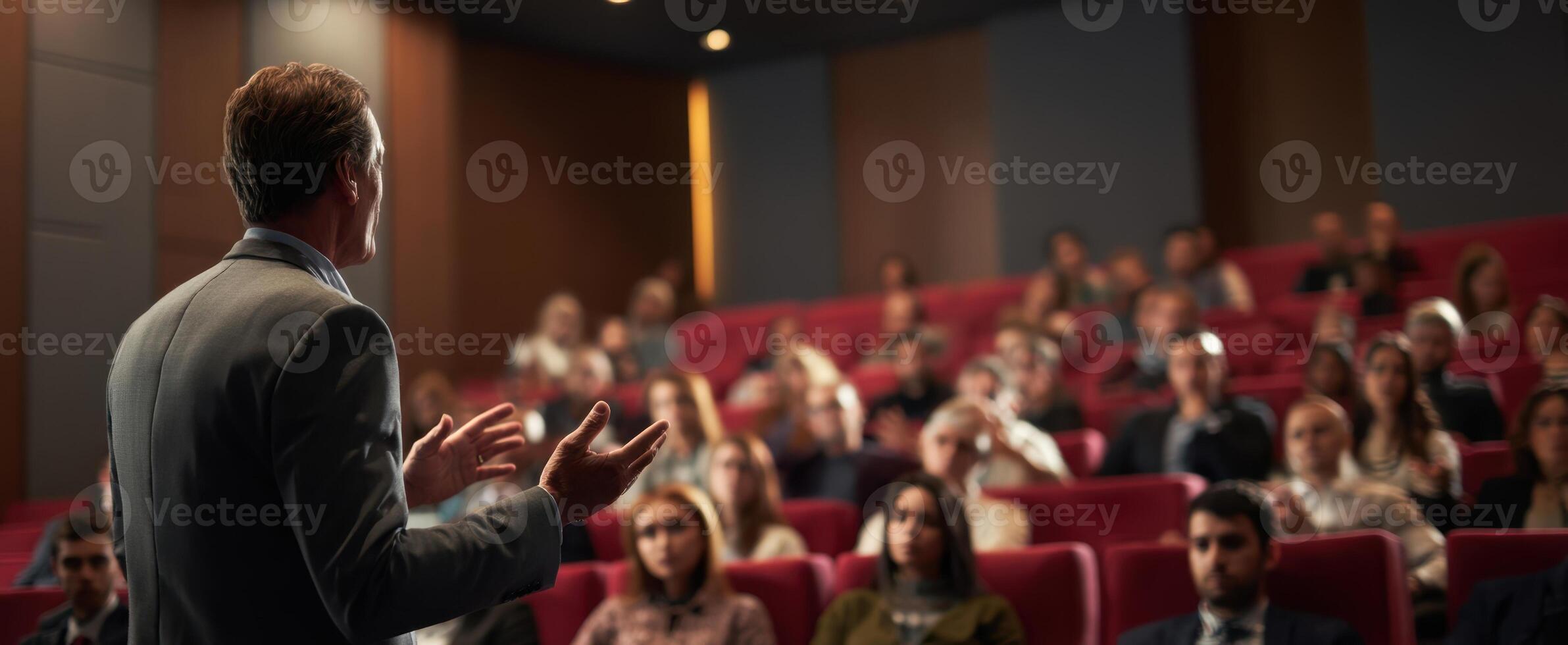 The dynamic speaker engaging a captivated audience in a professional setting. photo