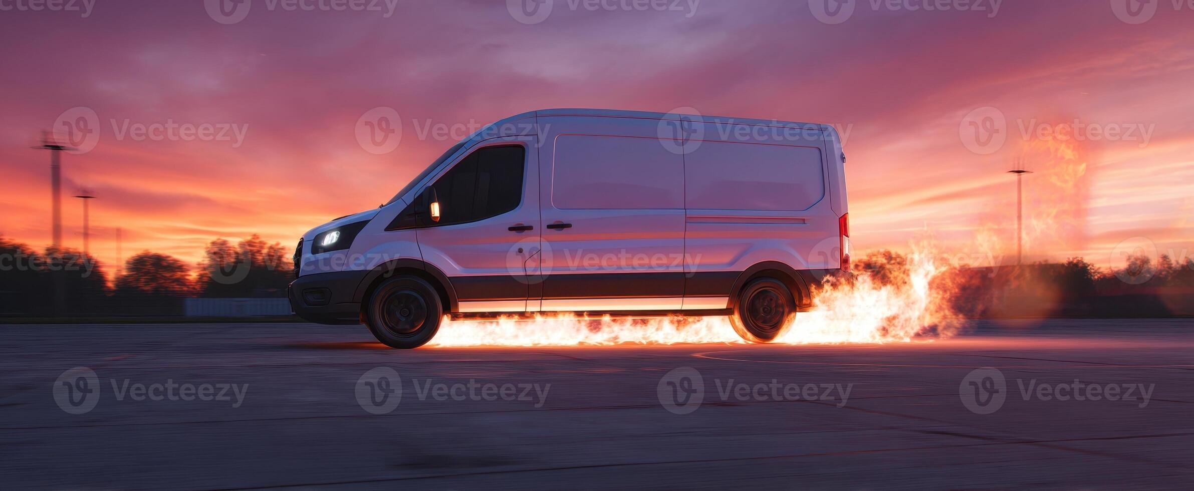The van in motion leaving fiery trails at sunset with dramatic skies. photo