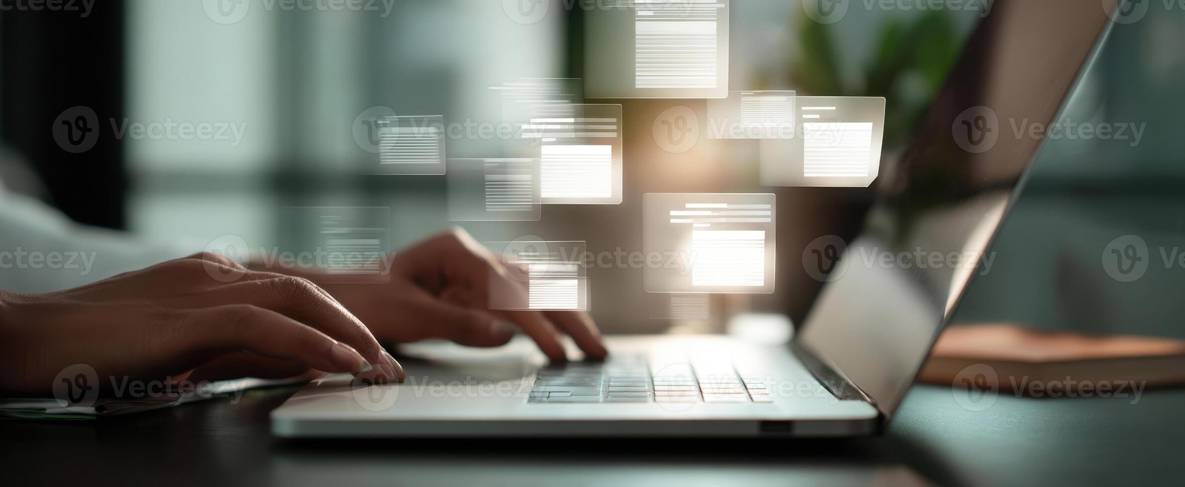 The laptop displaying digital data in a modern workspace environment. photo