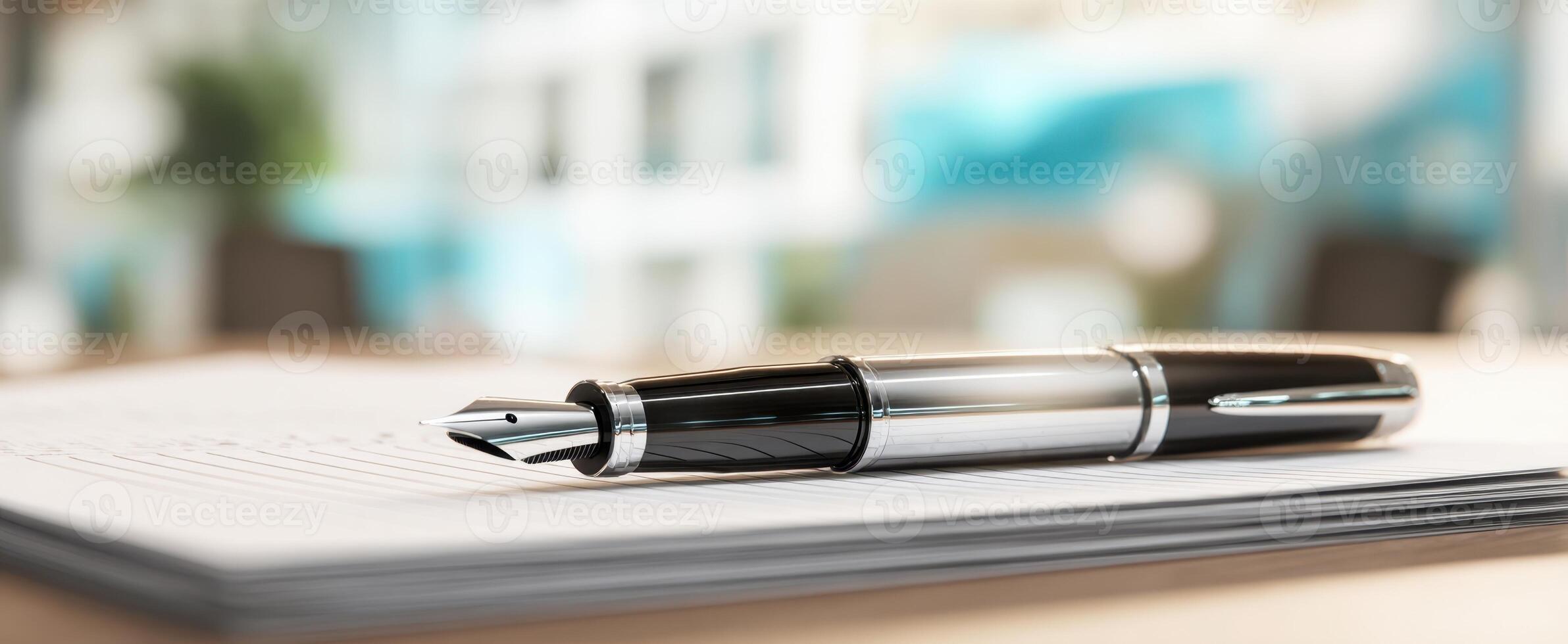 The elegant fountain pen resting on a stylish stack of documents. photo