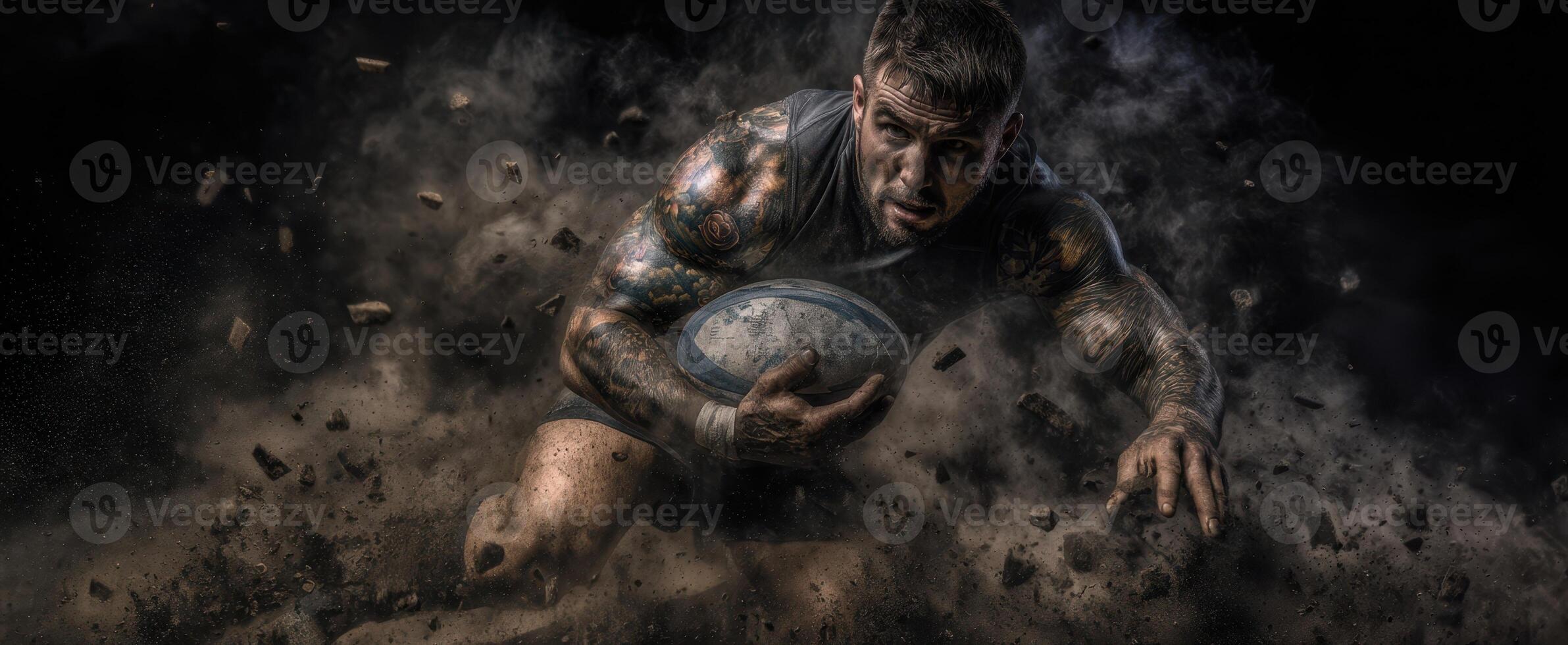 The rugby player emerges from the dust with fierce determination and strength. photo