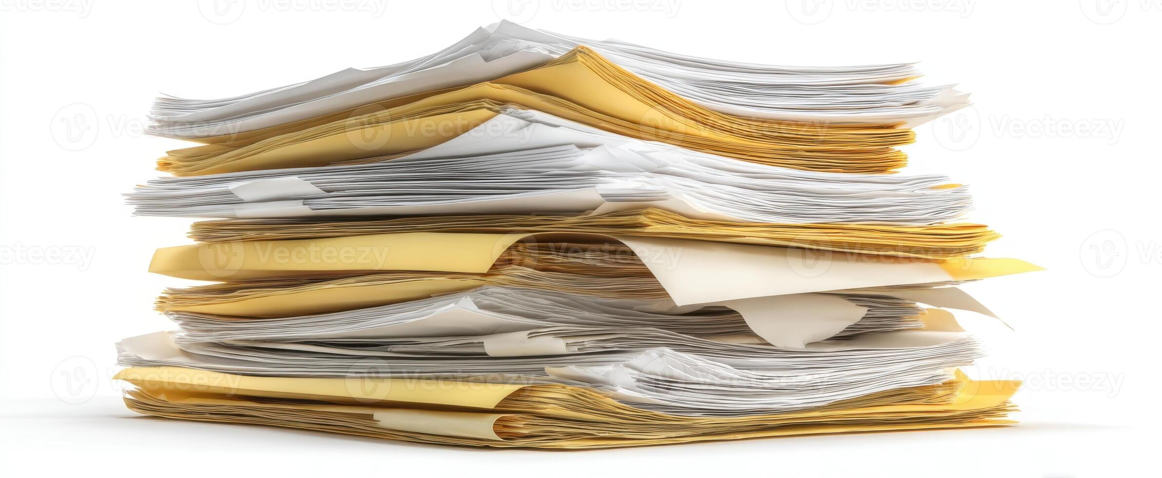 The stack of disorganized paperwork and files in an office setting. photo