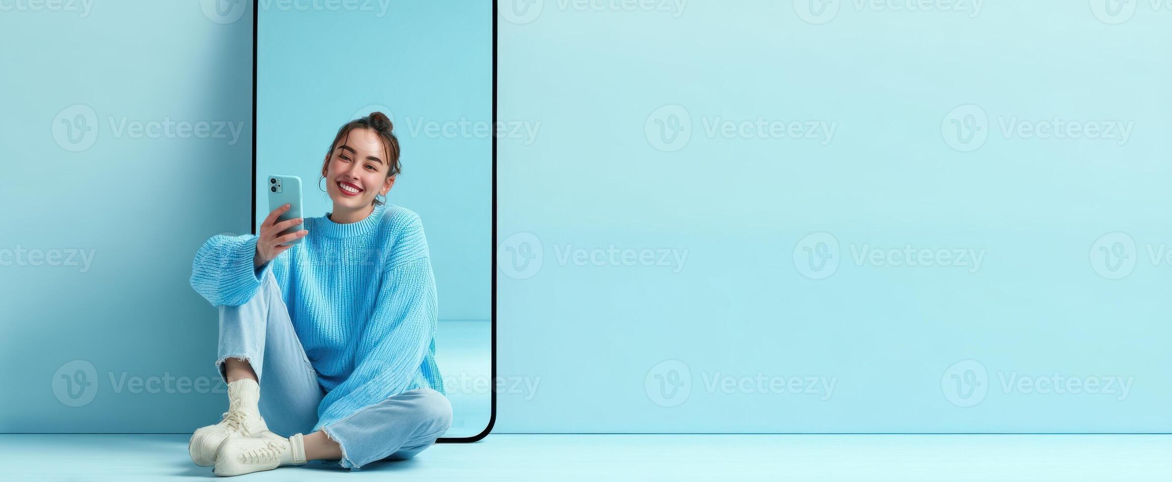 The stylish woman enjoying a moment while using her smartphone indoors. photo