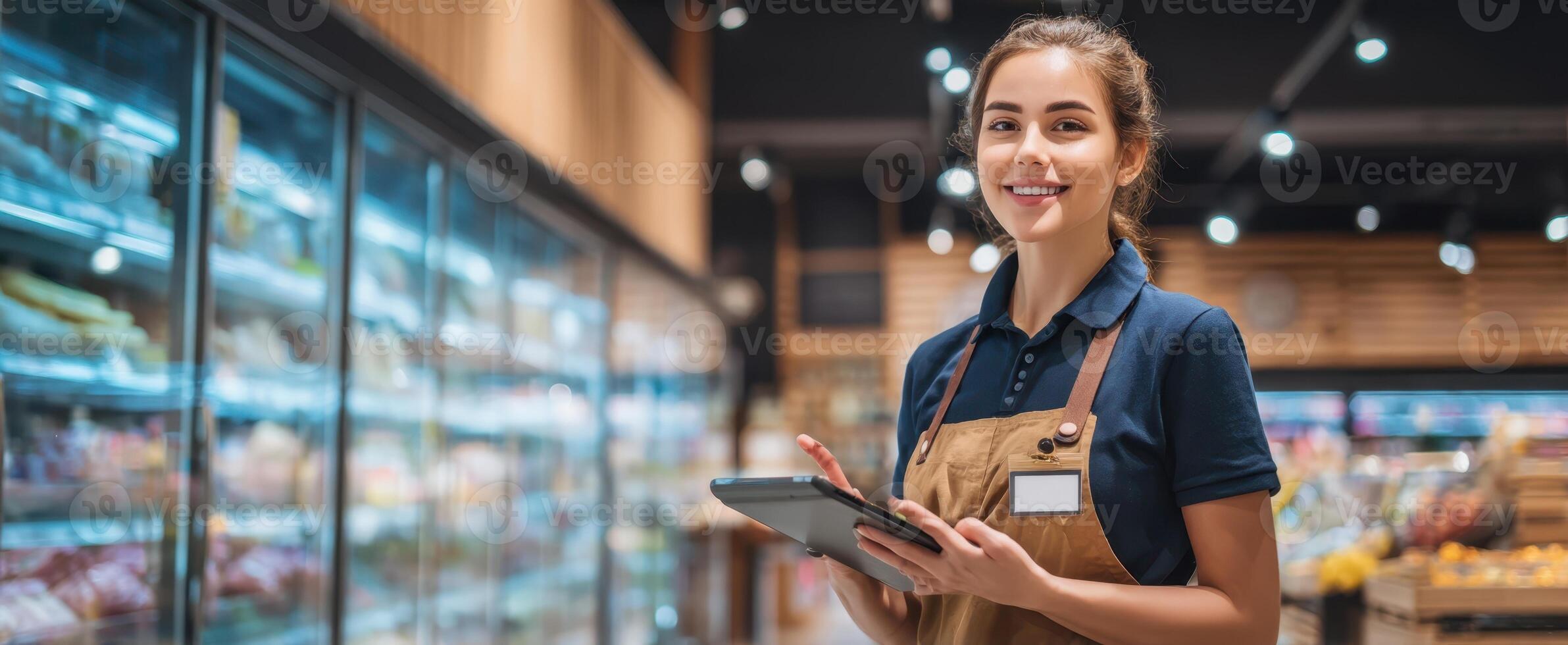 The smiling supermarket employee with a tablet in a modern grocery store. photo