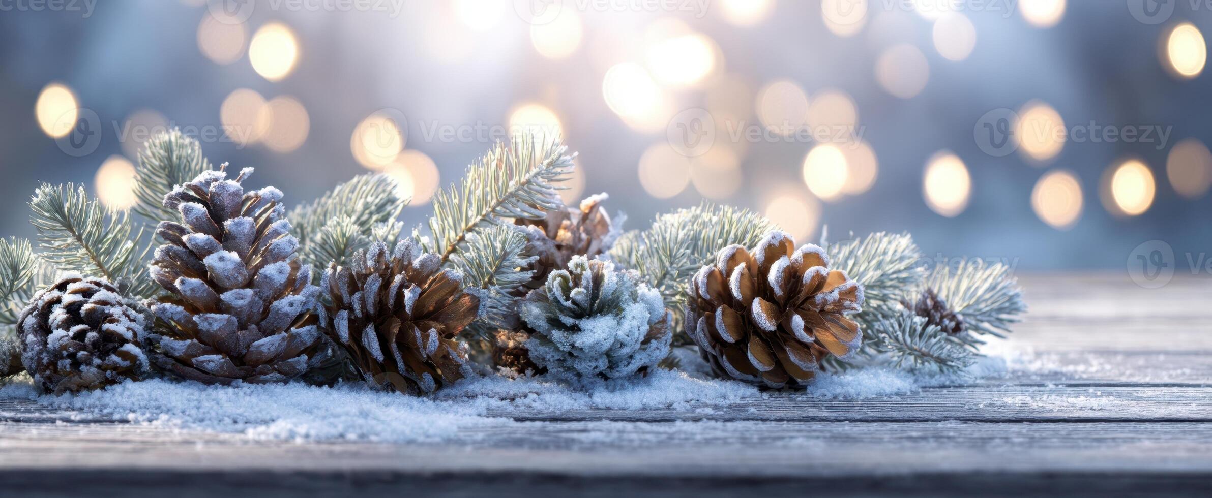The picturesque arrangement of snow-dusted pine cones and evergreen branches. photo