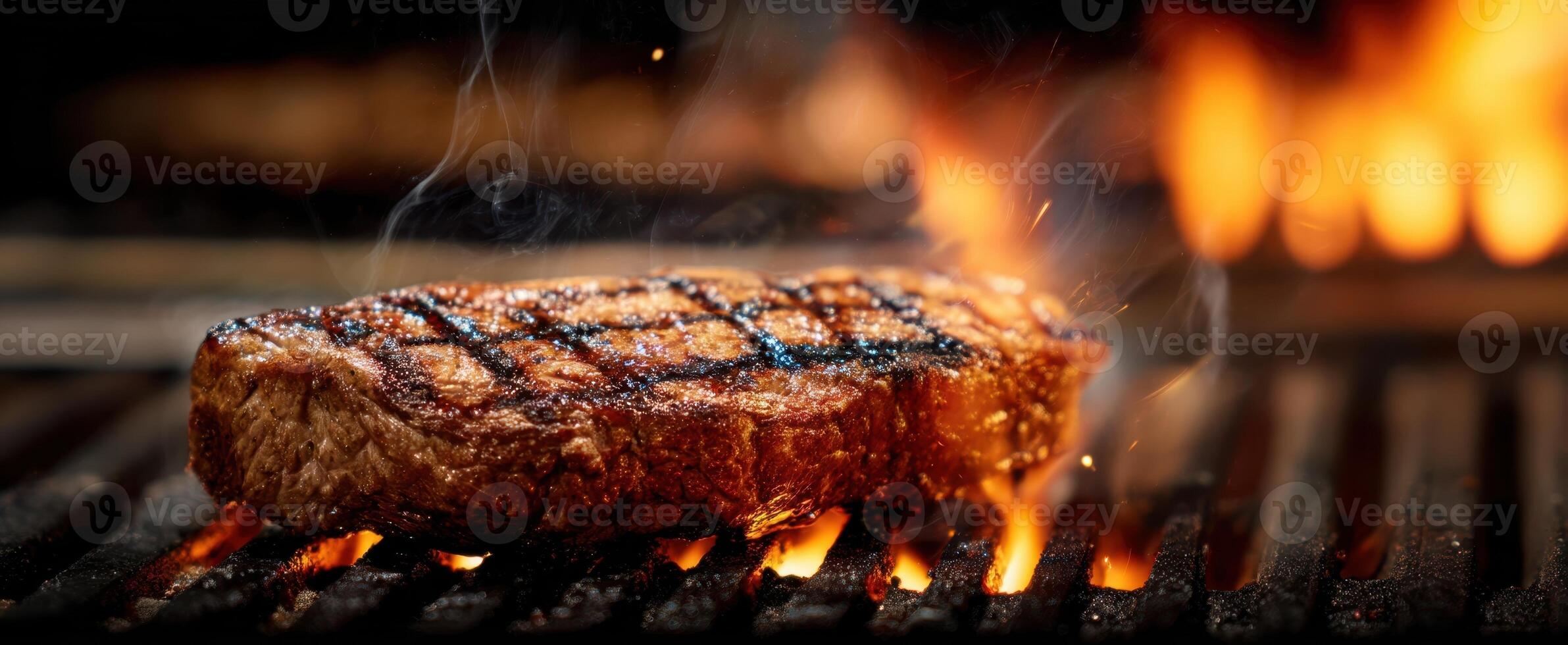 The sizzling steak being grilled to perfection over an open flame. photo