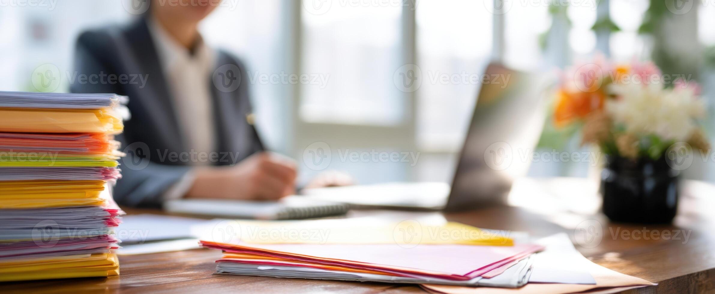 The busy professional analyzing documents at a modern workspace. photo