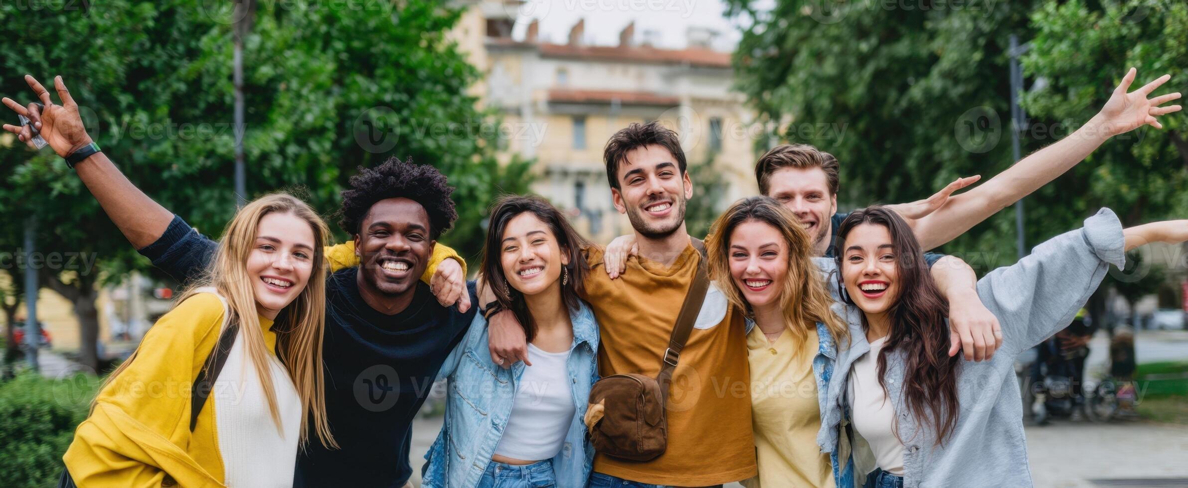 The joyful group of friends celebrating life in a vibrant park setting photo