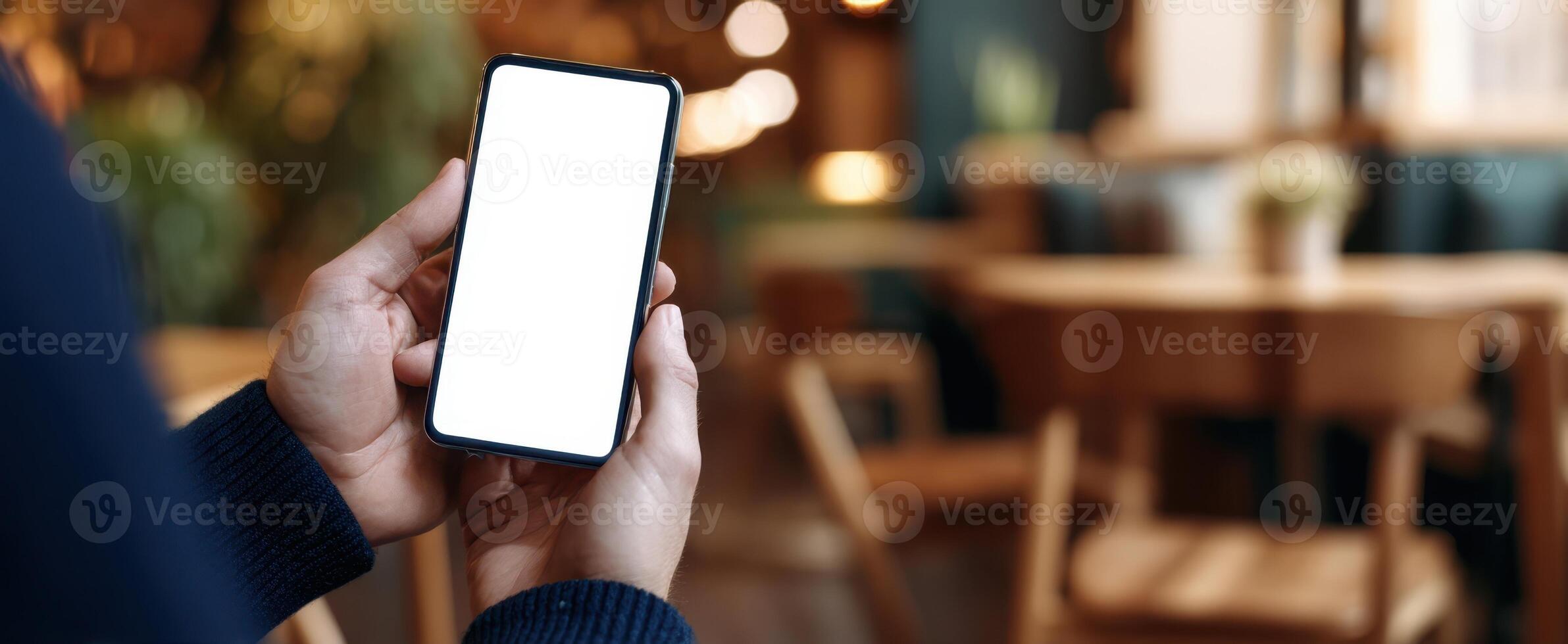 The smartphone held in a hand showing a blank screen in a cozy cafe setting photo