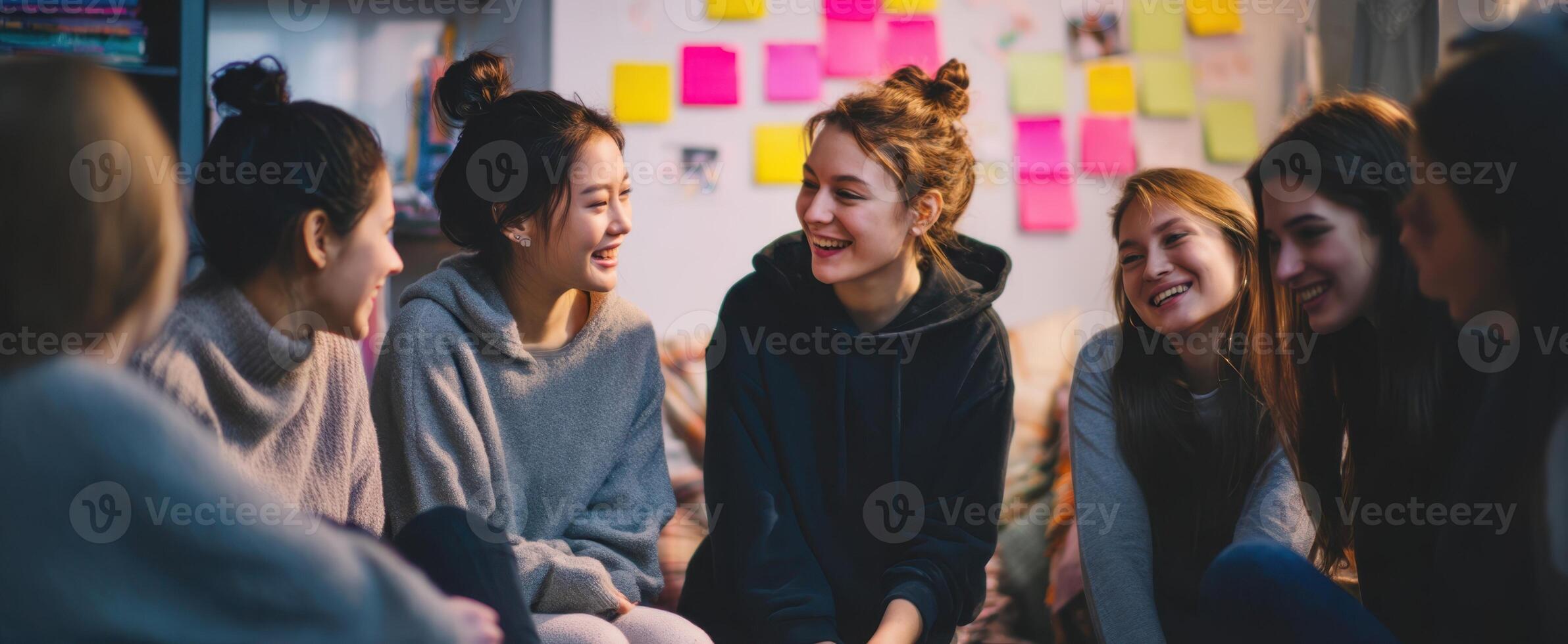 The joyful gathering of friends sharing laughter and stories in a cozy setting. photo