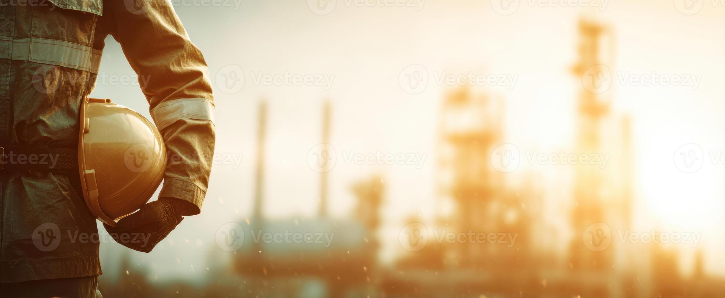 The construction worker looking towards the industrial site during sunset. photo