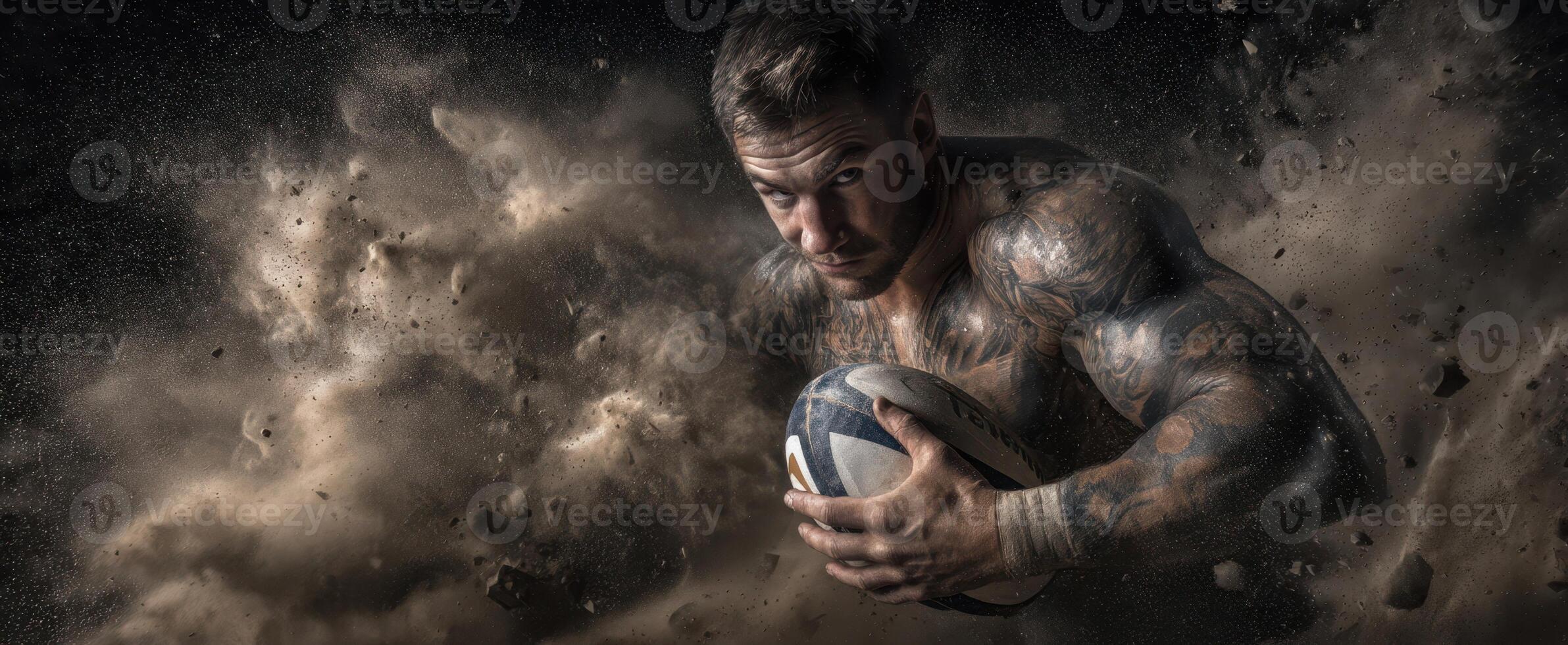 The rugby player charging through dust in a display of power and intensity. photo