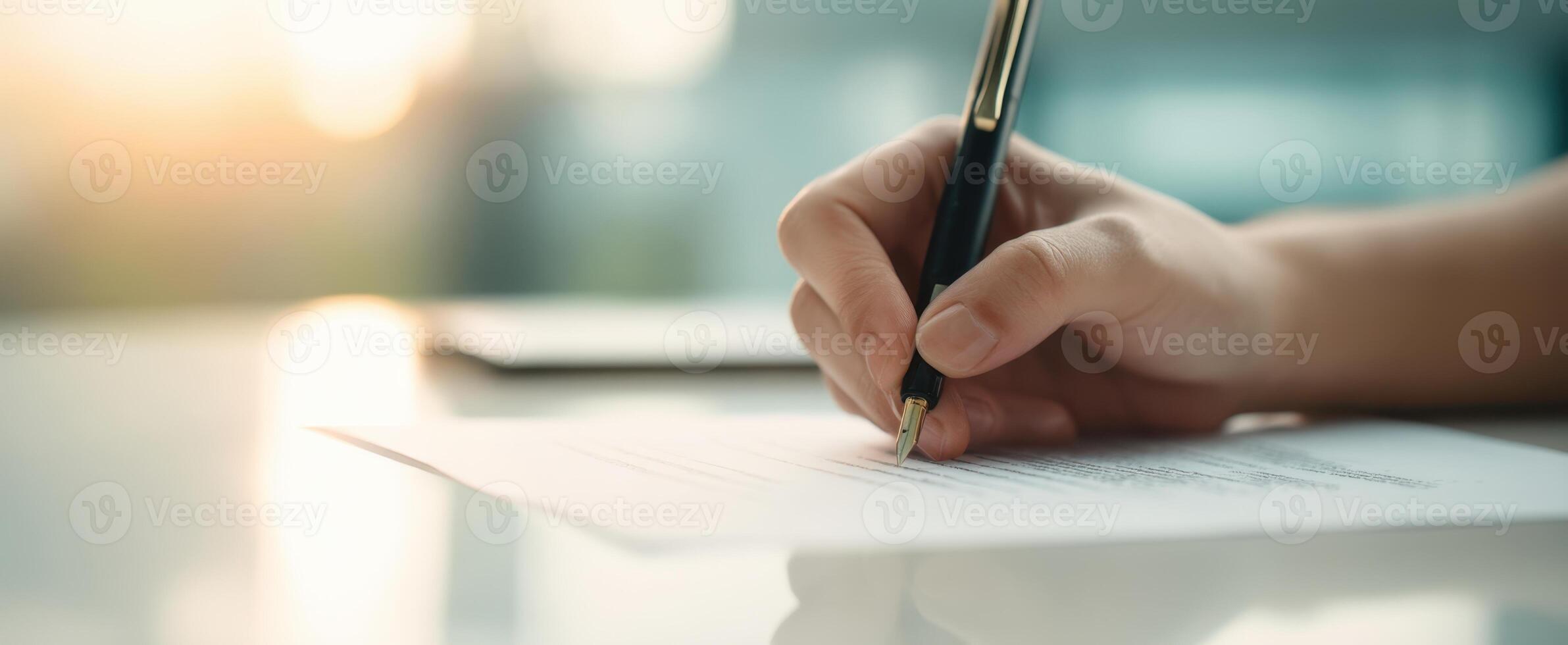 The hand writing on a document in a soft-lit workspace. photo