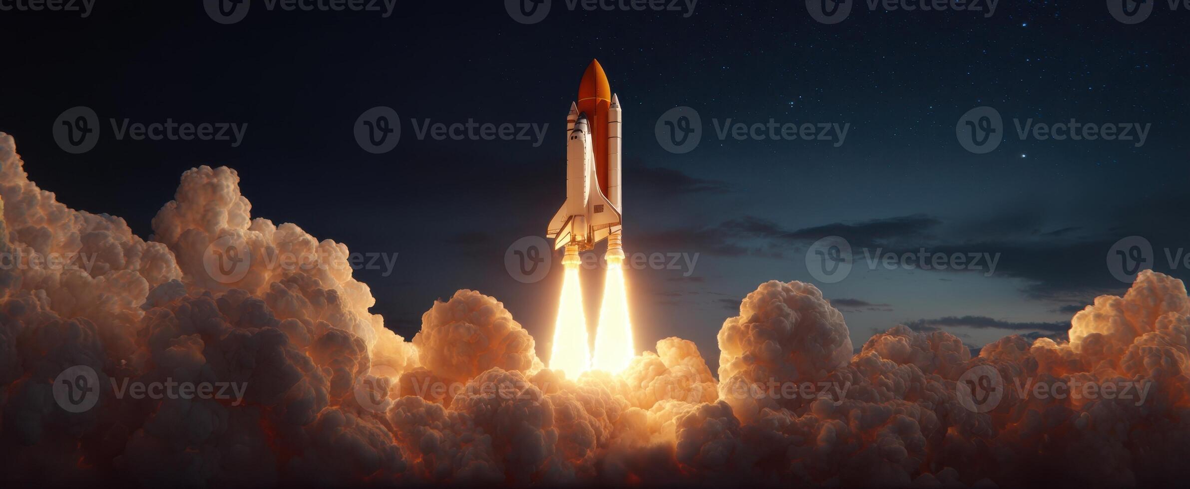The rocket launches dramatically into the night sky amidst vibrant clouds. photo