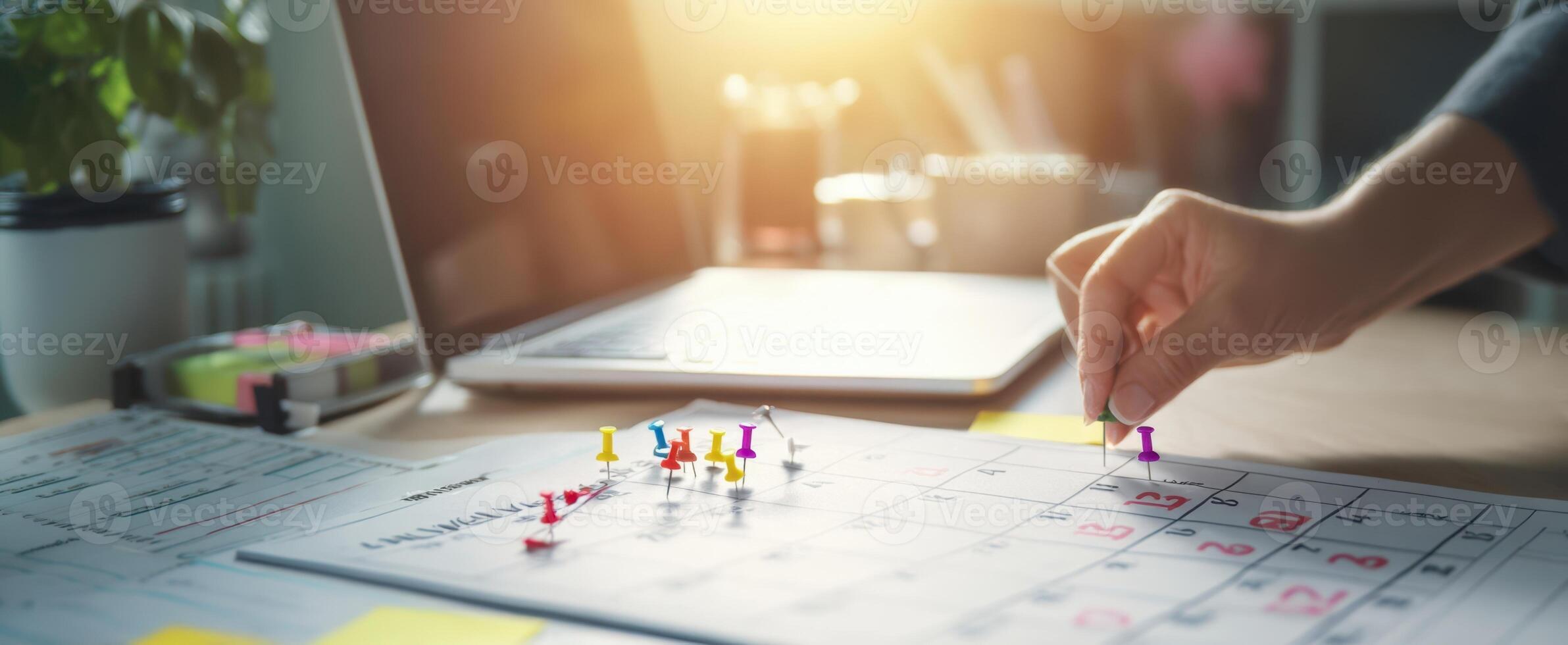 The calendar filled with colorful pins for effective project planning and organization. photo