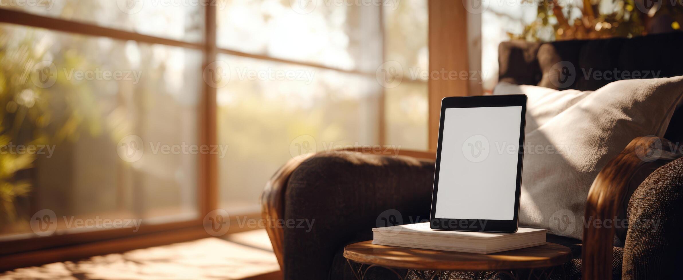 The tablet on a cozy table in a sunlit living room setting. photo