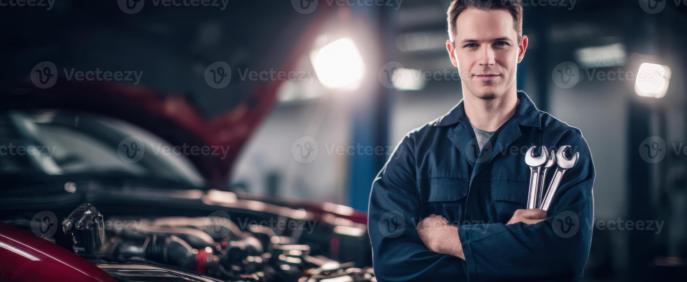 The confident mechanic standing with wrenches in a busy garage environment. photo