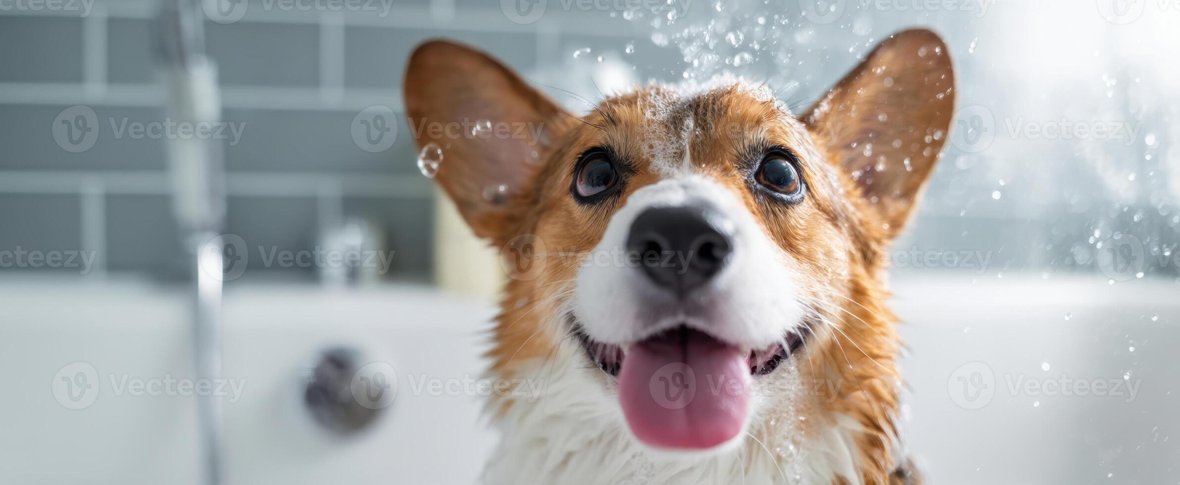The happy corgi enjoying a playful bath with splashes of water. photo