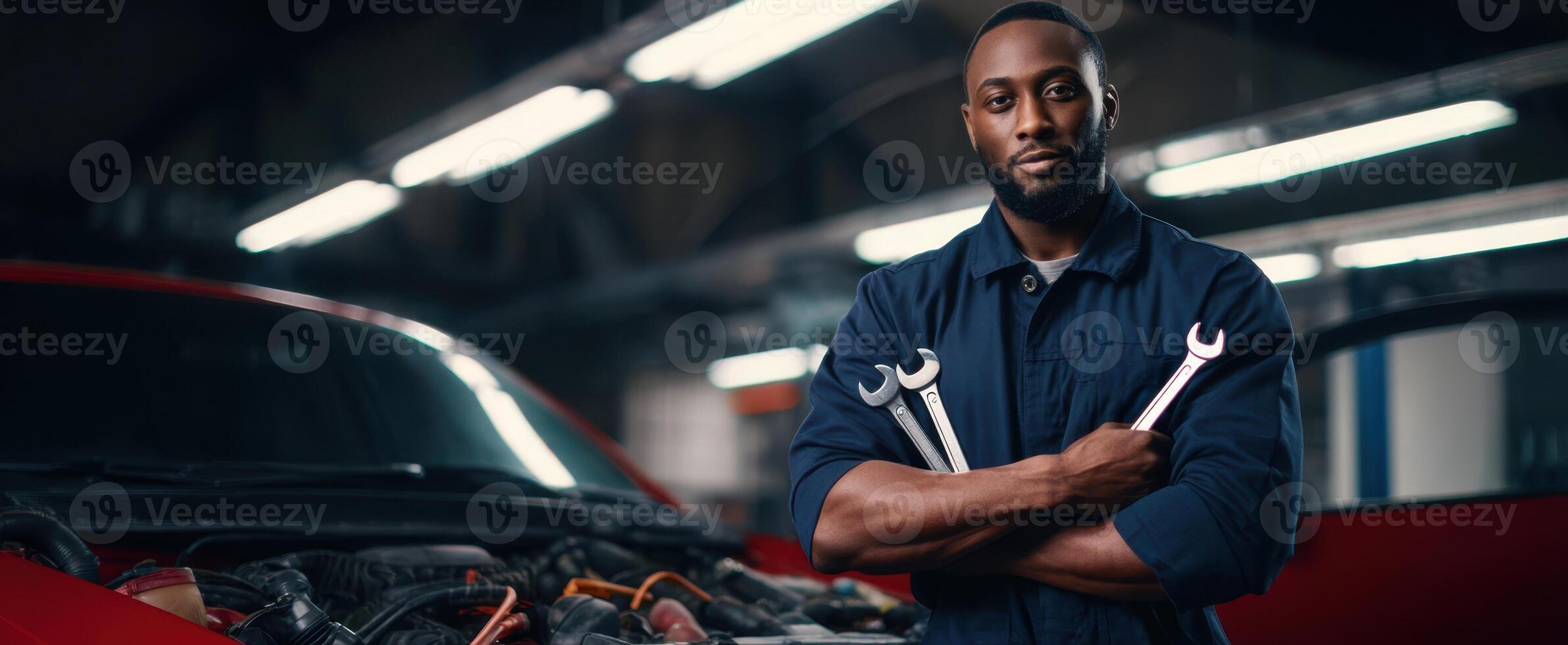 The confident mechanic standing proudly with tools in a modern workshop. photo