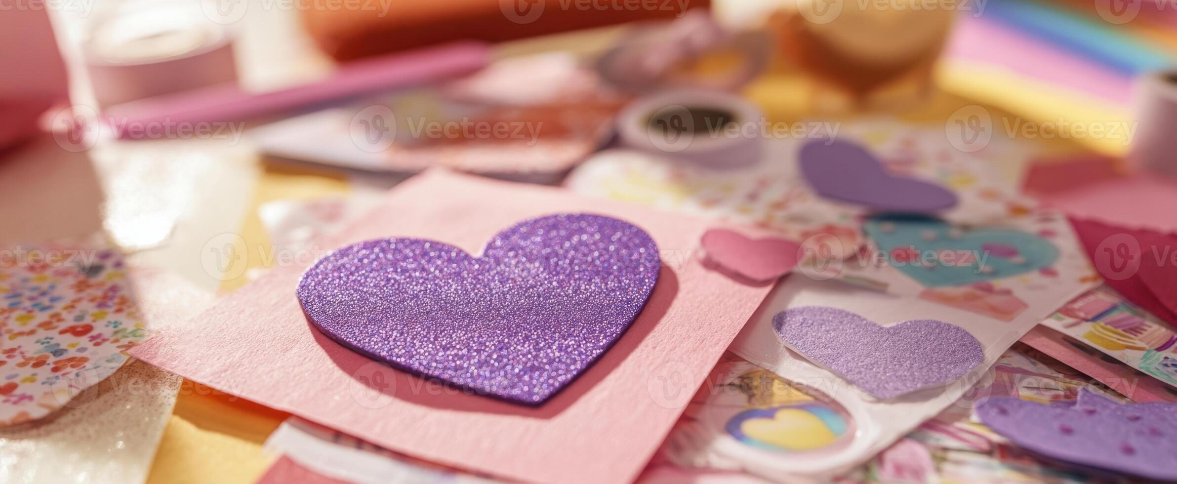 The colorful display of glittery hearts and crafting materials on a workspace. photo
