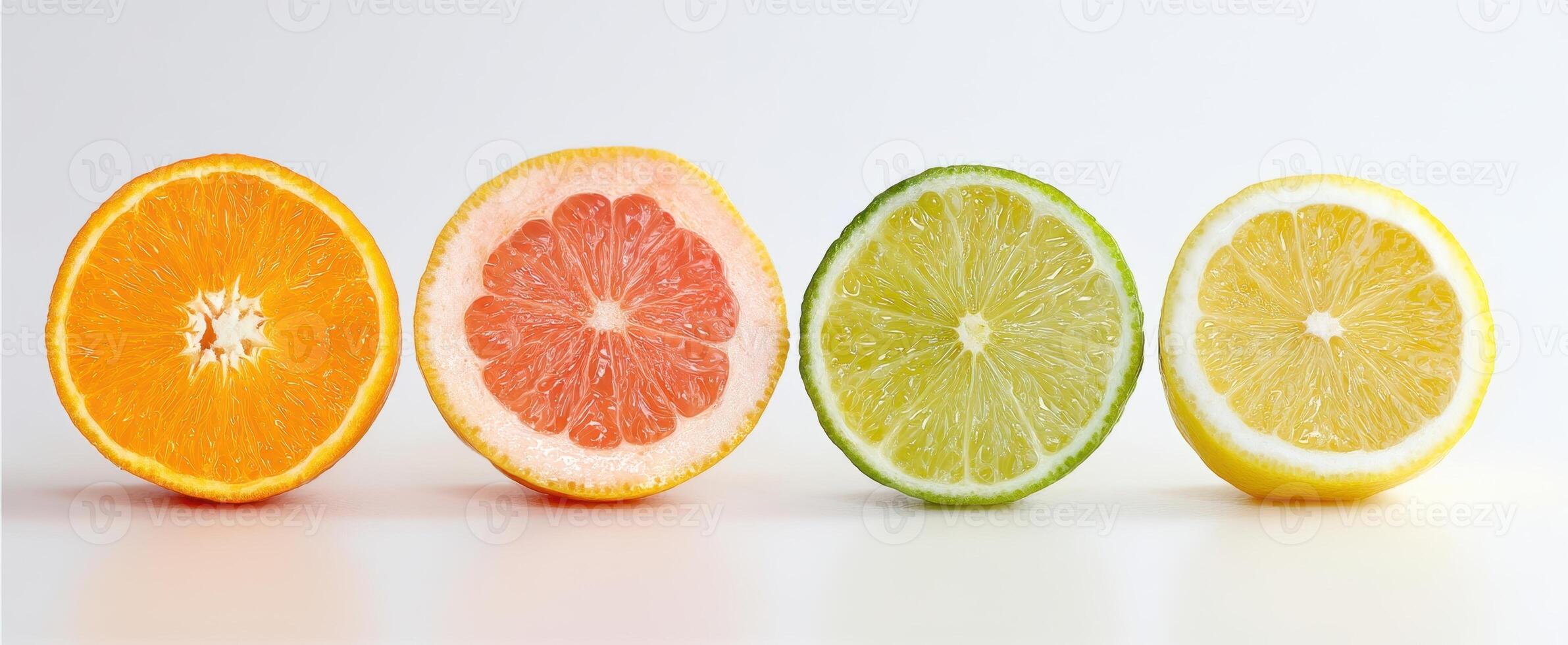 The vibrant display of sliced citrus fruits on a minimalist background. photo