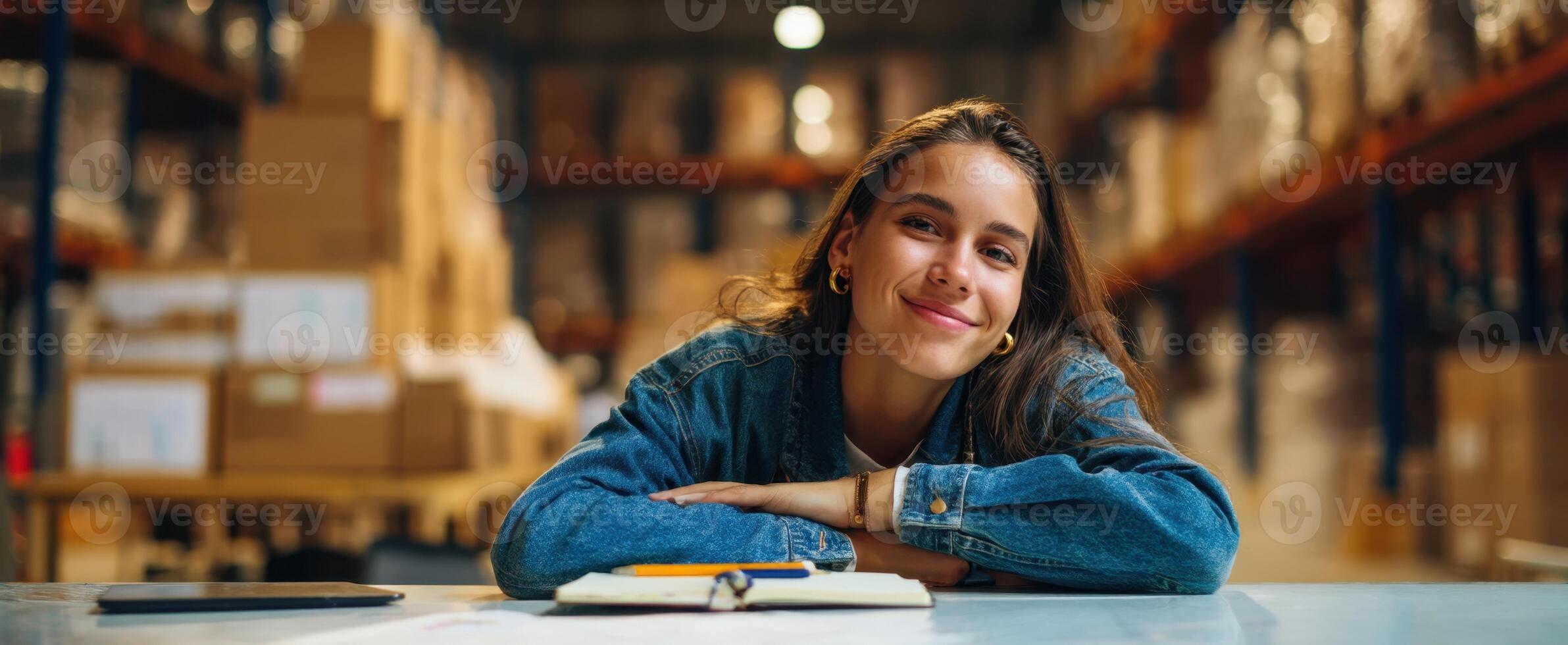 The smiling woman in a warehouse setting with notebooks and a cheerful demeanor. photo