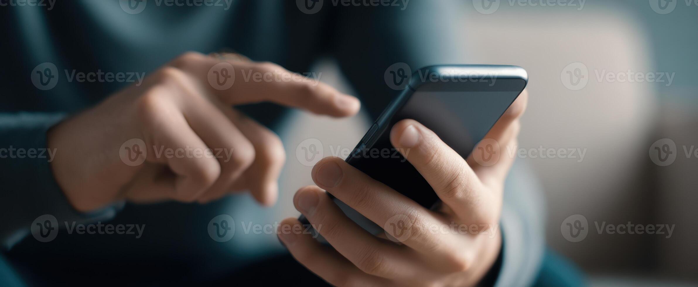 The user interacting with a smartphone in a cozy indoor setting. photo
