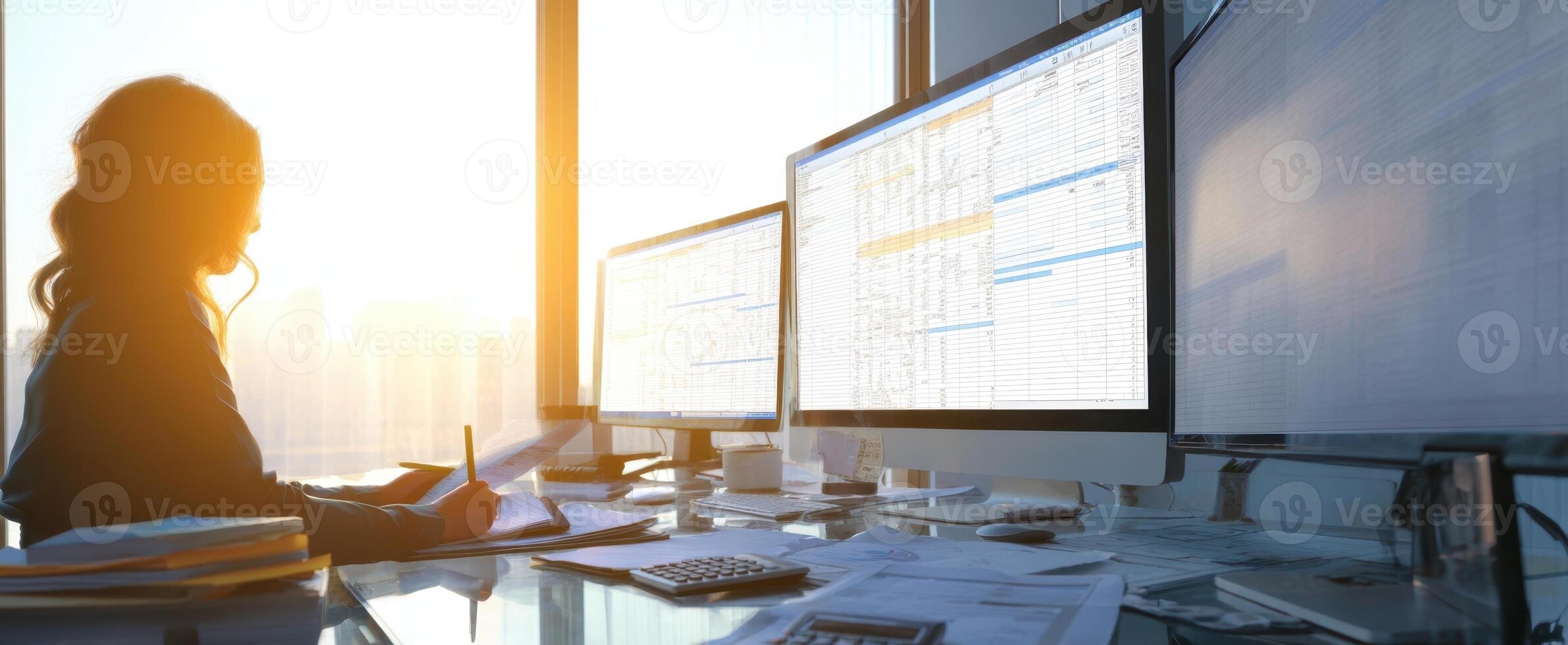 The woman working on computers in a sunlit office environment. photo