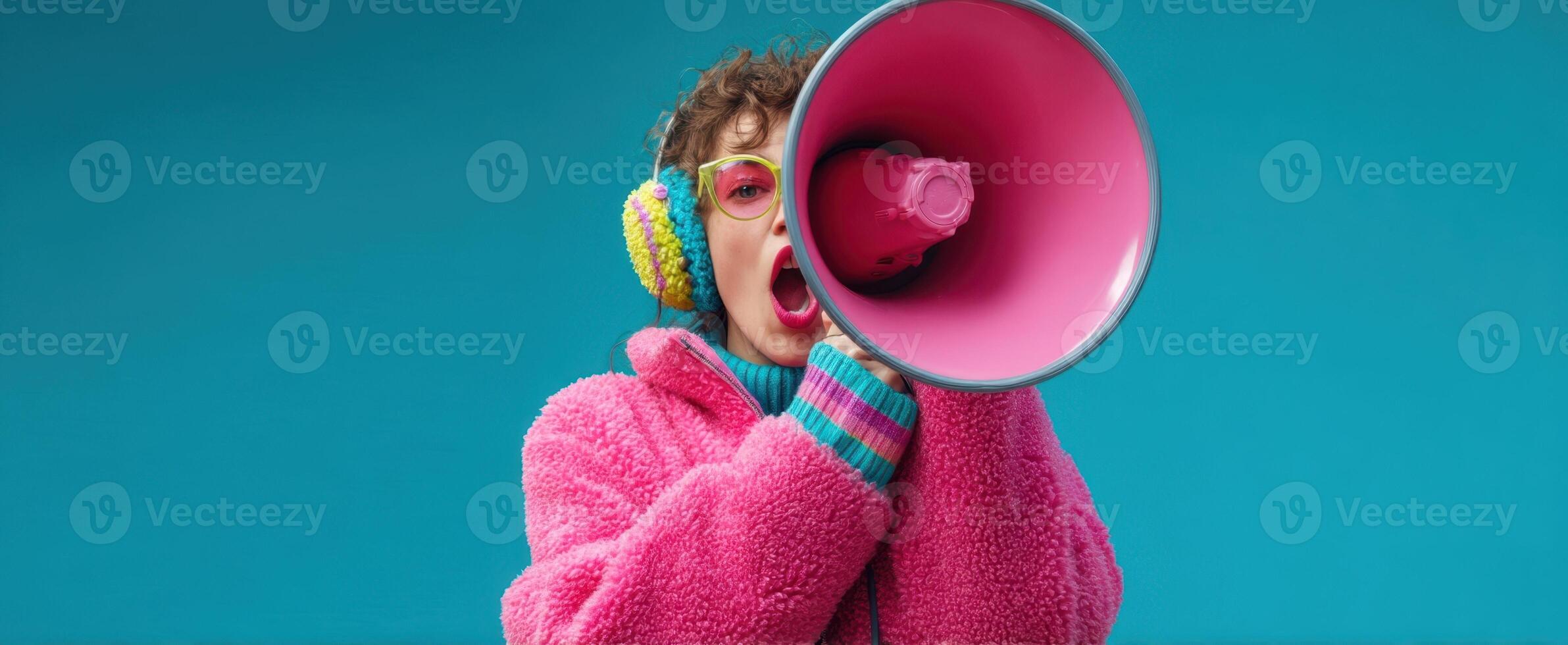 The woman with a bright megaphone expressing excitement and creativity. photo