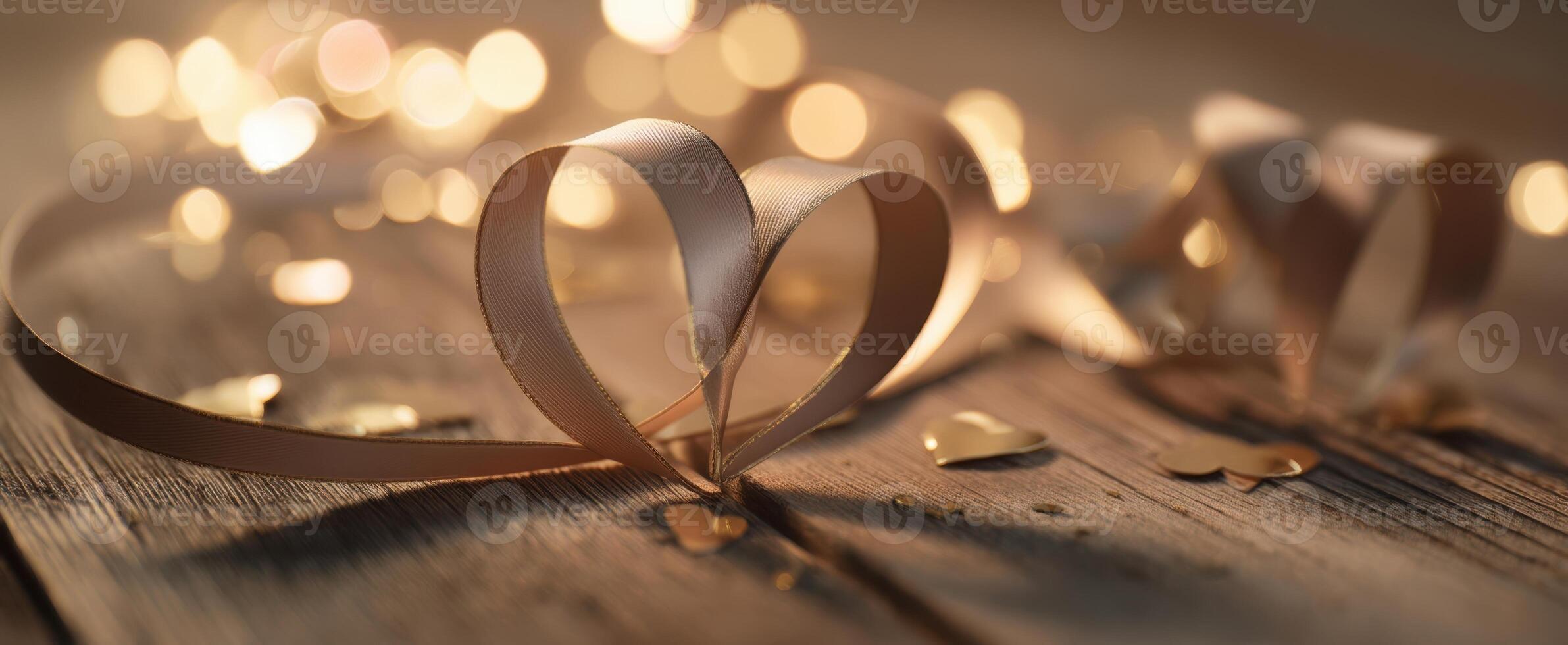 The delicate heart-shaped ribbon adorned with sparkling lights and wooden backdrop. photo