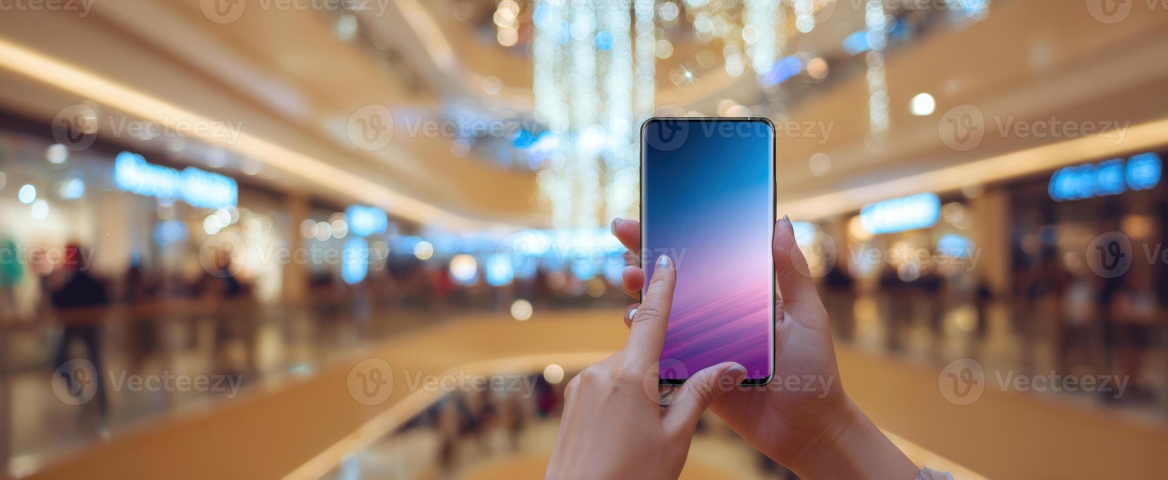 The smartphone held in hands in a vibrant shopping mall setting. photo