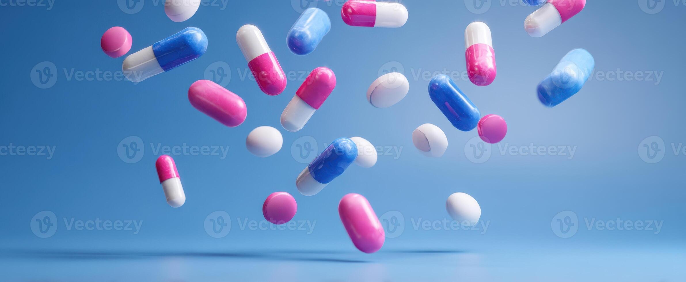 The Colorful Capsules and Pills Floating in Air Against a Blue Background photo