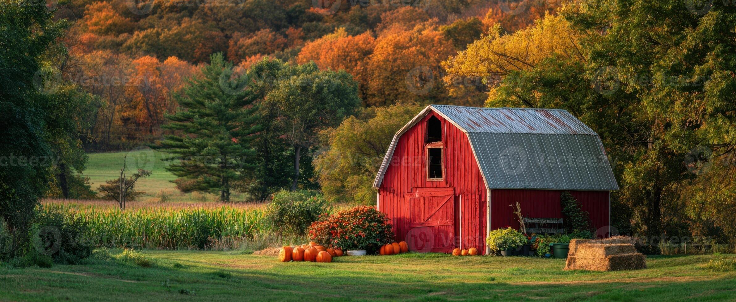 The vibrant red barn surrounded by autumn foliage and pumpkins at sunset. photo