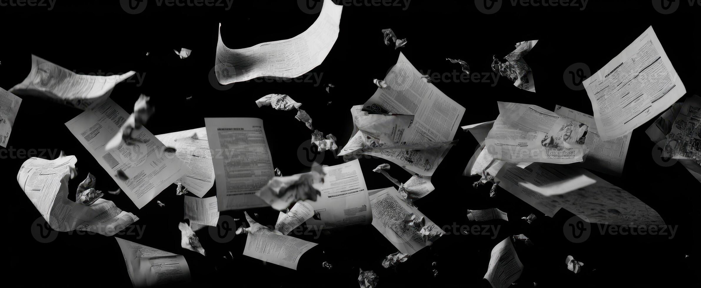 The chaotic flight of scattered papers in a dramatic black and white setting. photo