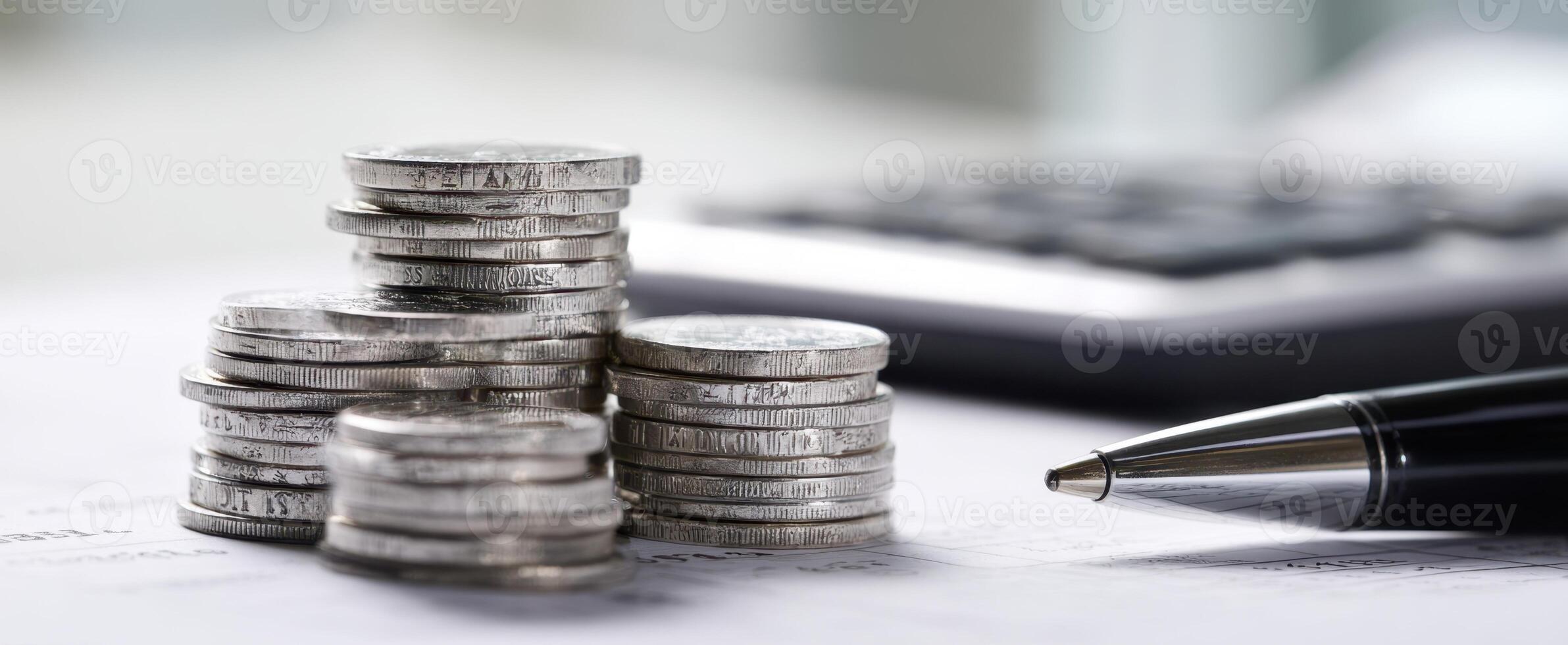 The coins stacked neatly beside a calculator and pen on an office desk. photo