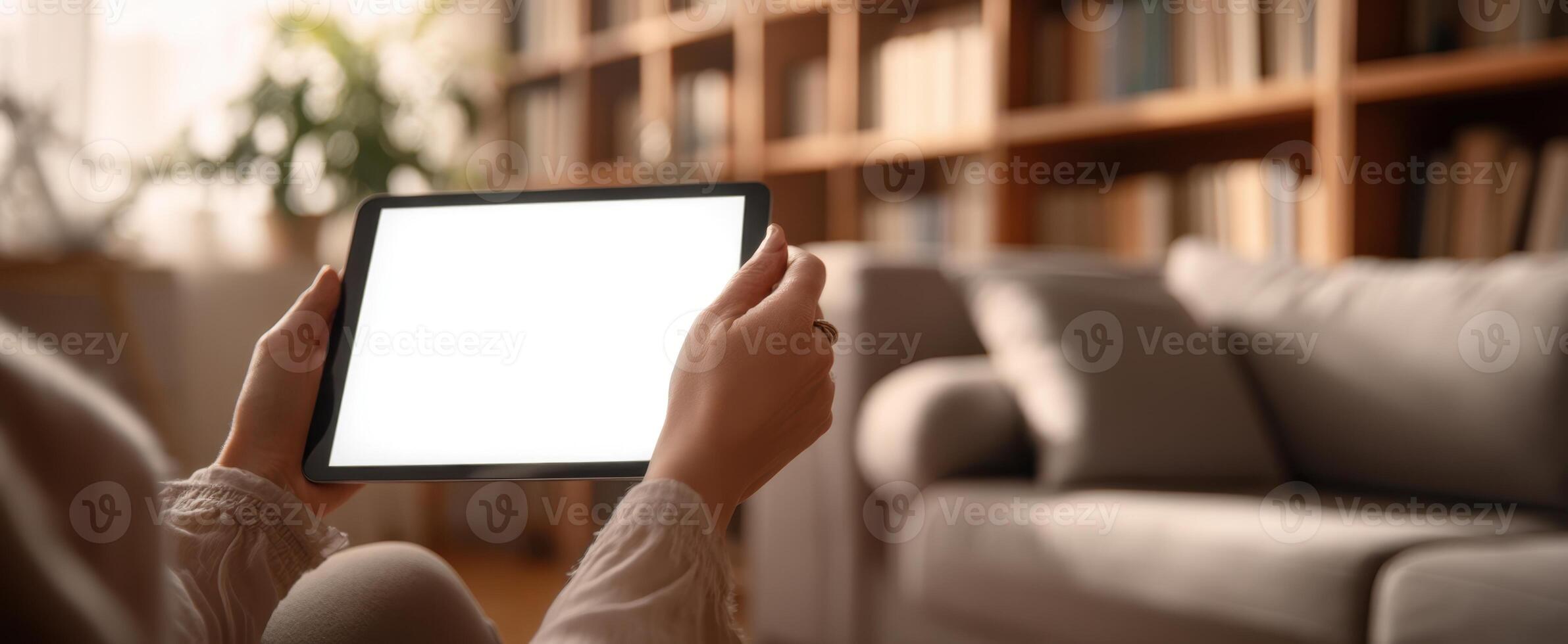 The tablet held in cozy hands in a modern living room setting. photo