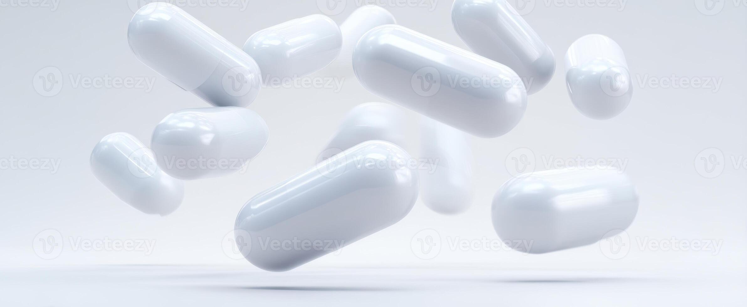 The floating white capsules showcasing modern pharmaceutical innovation and health benefits. photo