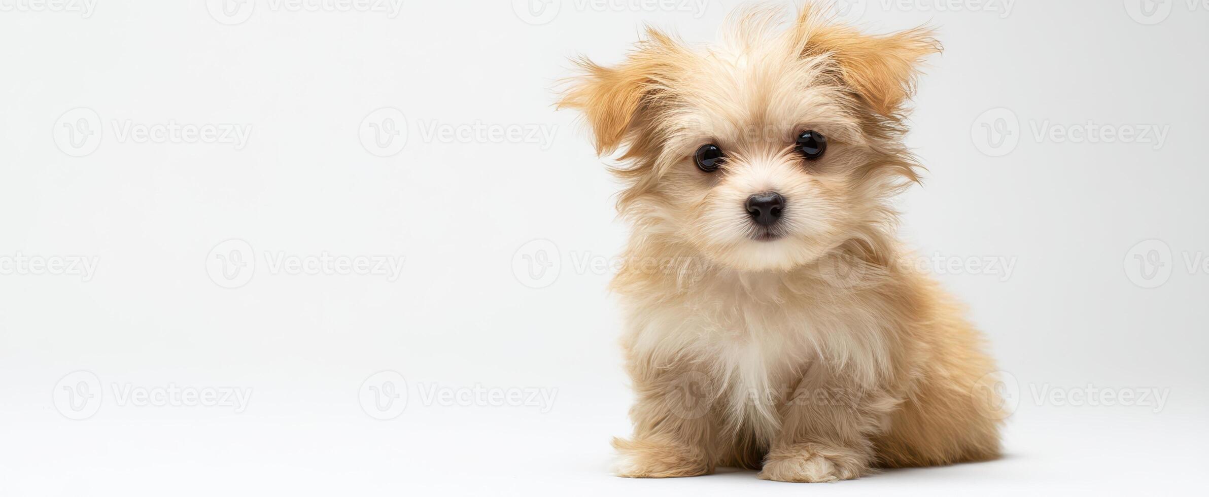 The adorable puppy sitting against a simple background with a curious expression. photo
