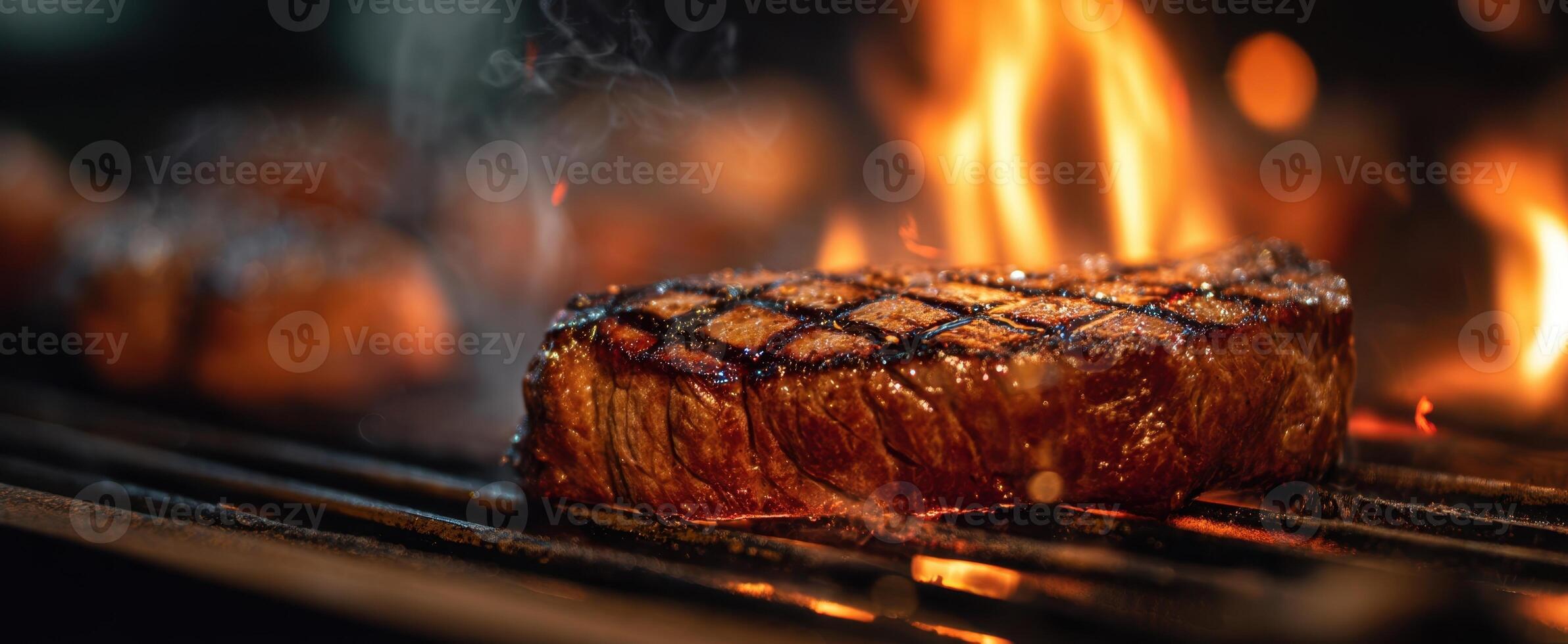 The perfect grilled steak sizzling on a barbecue with flames and smoke. photo