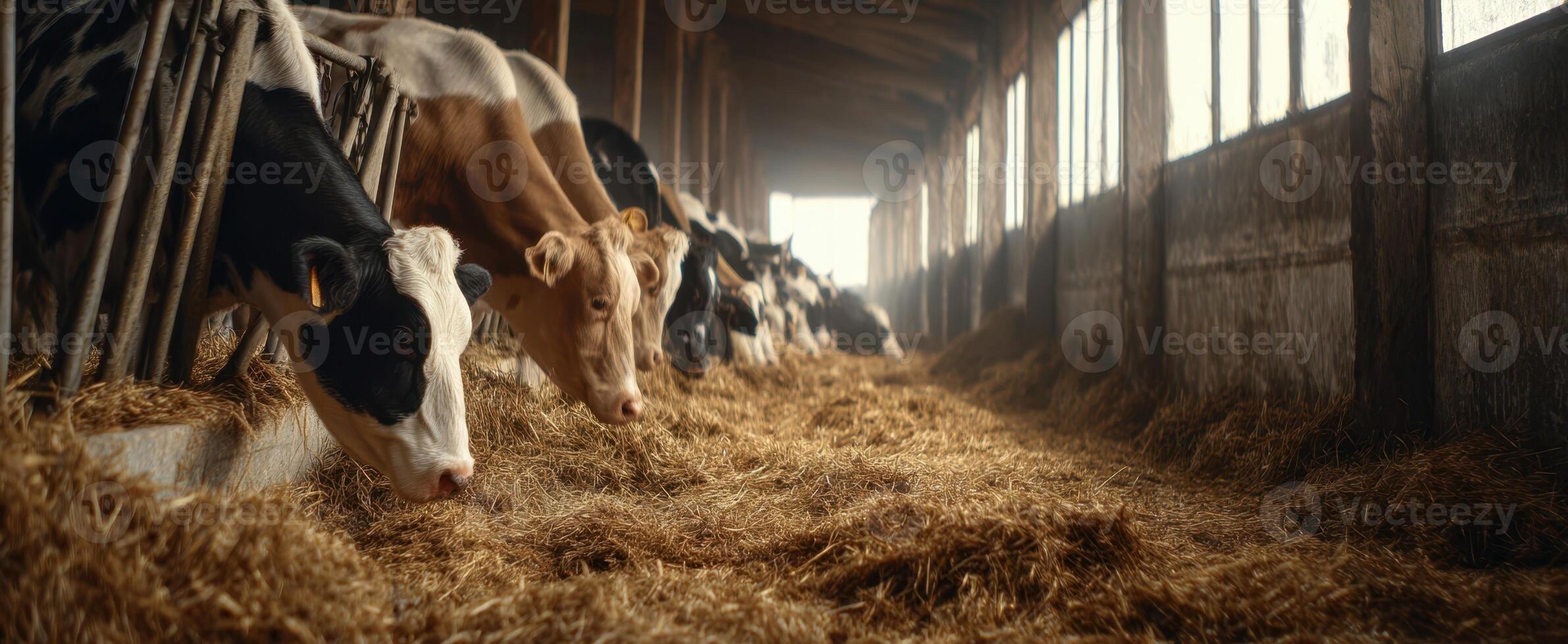The cows feeding peacefully in a rustic barn filled with straw. photo