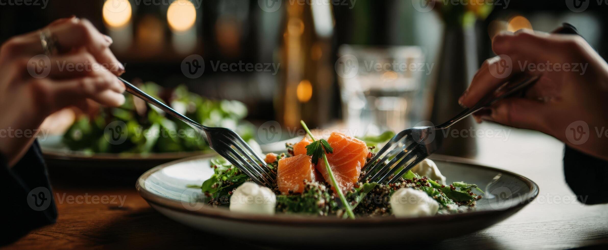The vibrant salmon salad served in an elegant dining setting. photo