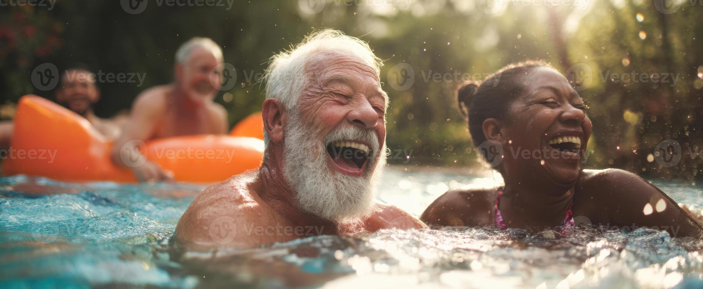 The joyful moment of laughter shared between friends in a sunny pool. photo