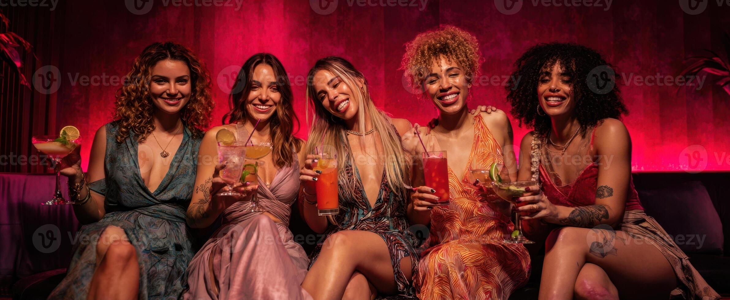 The vibrant group of friends enjoying cocktails in a cozy bar setting. photo