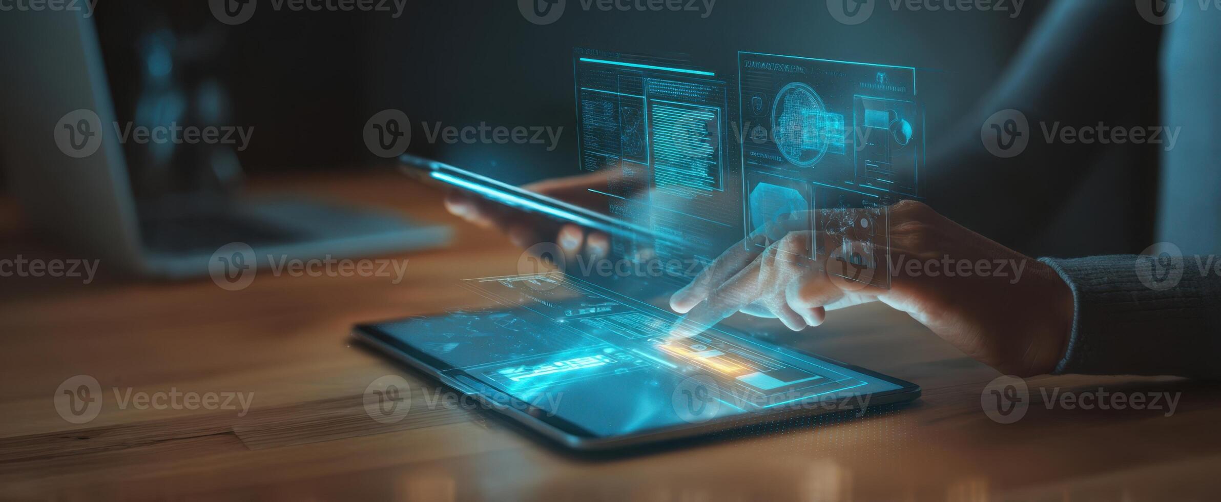 The futuristic tablet display with interactive holographic interface and user engagement. photo