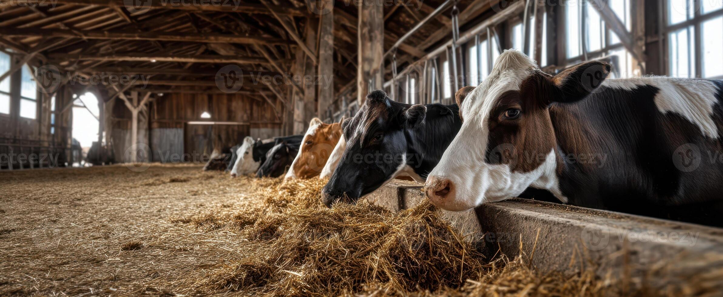 The cows peacefully feeding in a rustic barn setting with natural light. photo