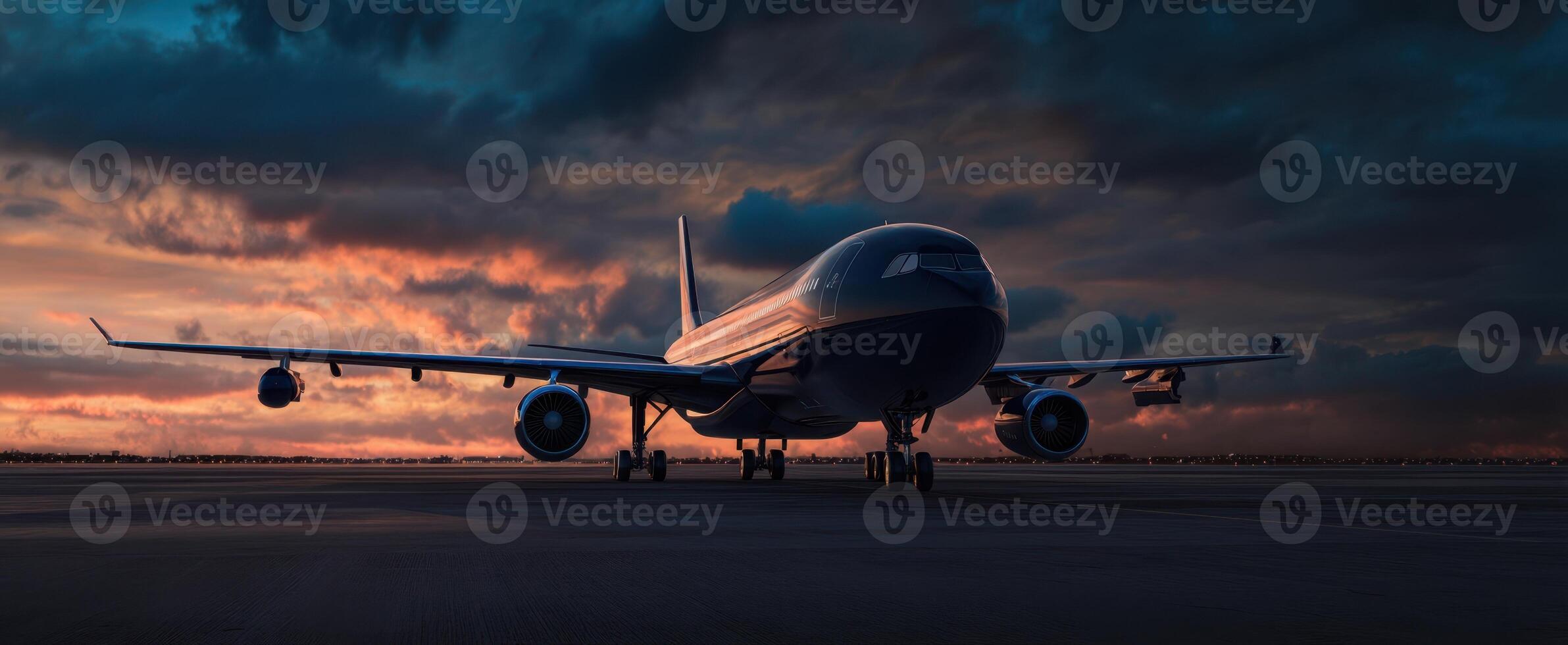 The airplane poised majestically against a vibrant sunset sky. photo