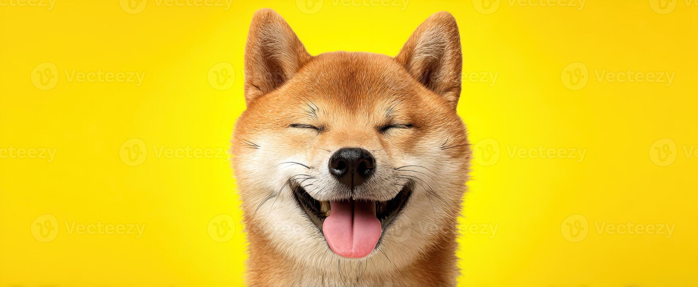The playful Shiba Inu radiates joy against a bright yellow background. photo