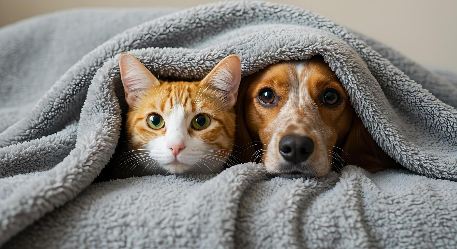 A dog and cat are under a blanket photo