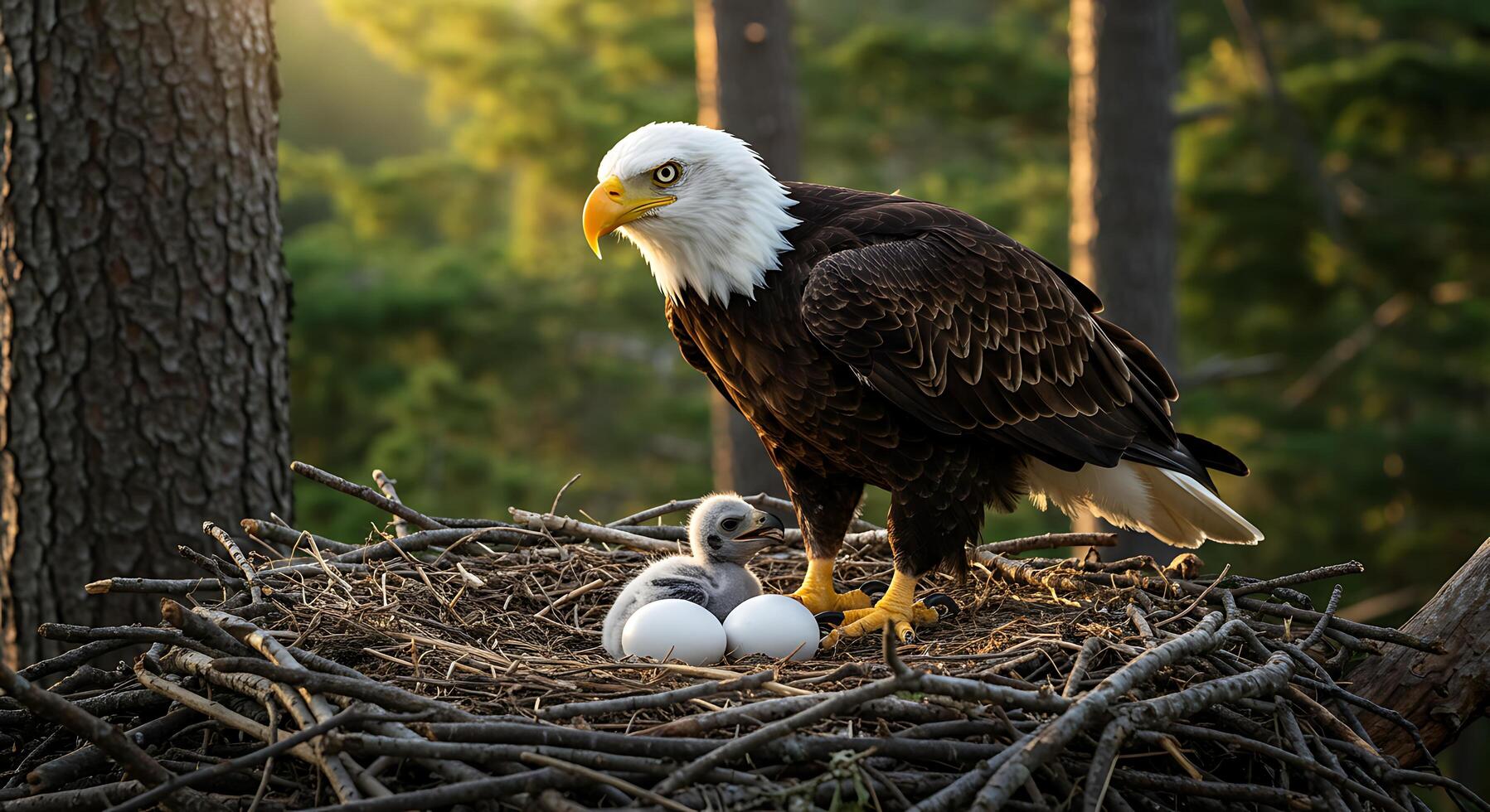 A bald eagle with its young in its nest photo
