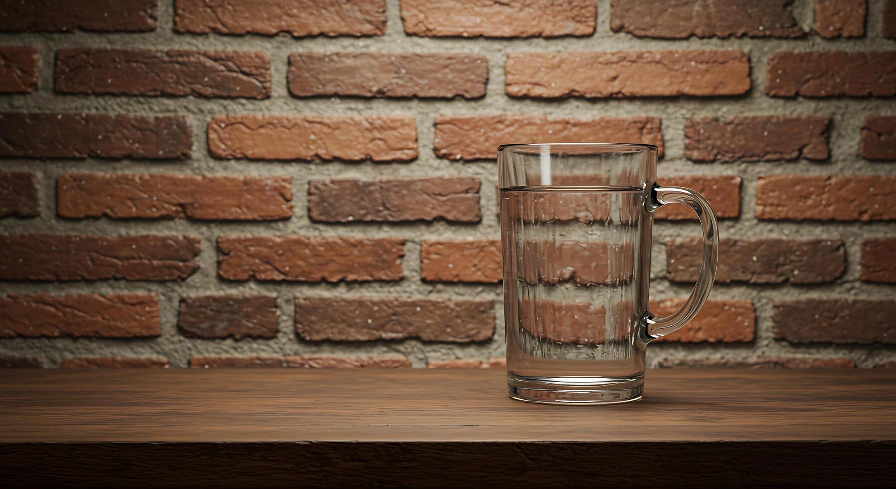 A glass of water sitting on a table in front of a brick wall photo